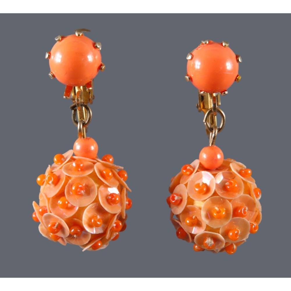 Vintage BEADED DANGLE EARRINGS Gold & Orange Beads & Sequins CLIP-ON Hong Kong